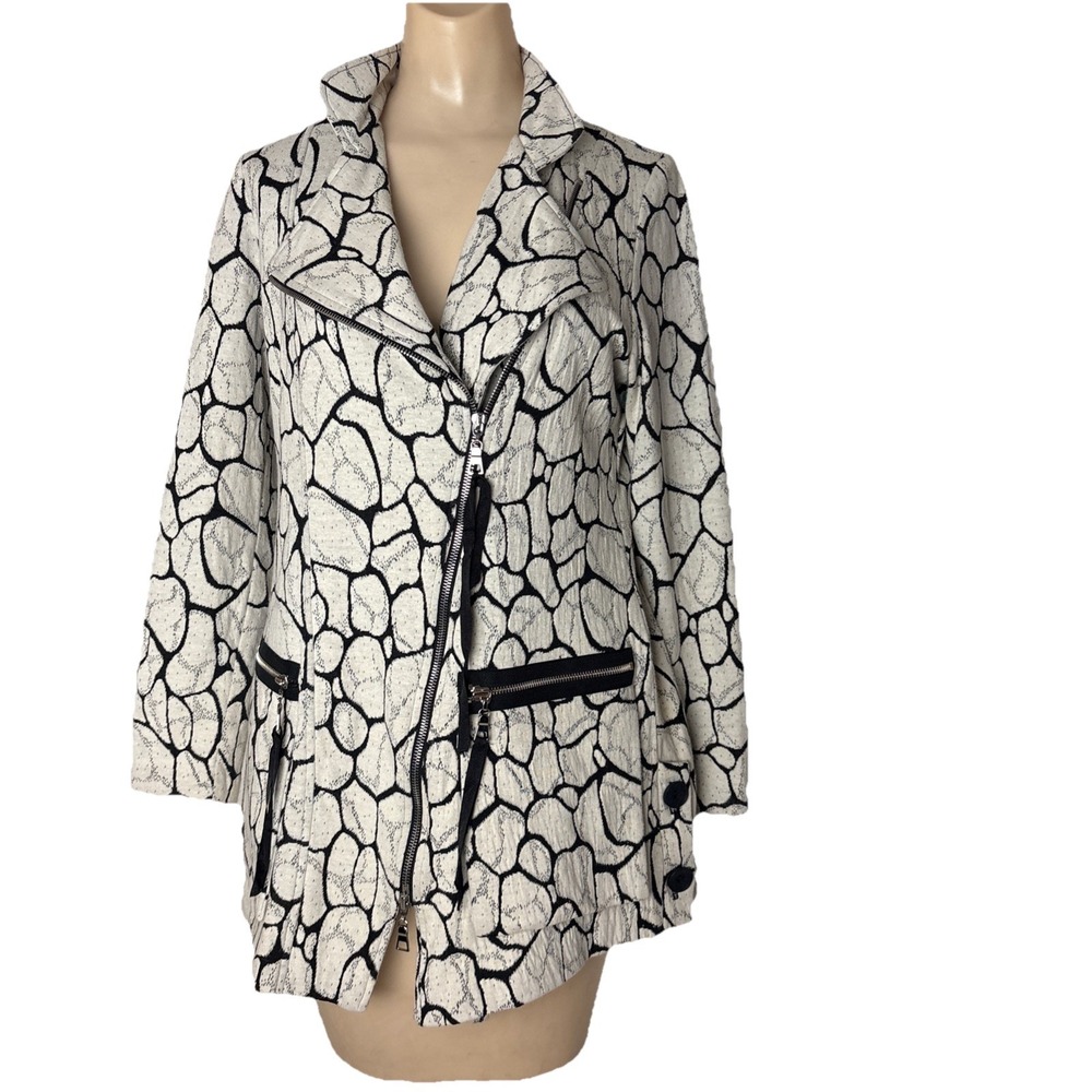 IC by Connie K Jacket Size Small Off Center Zip Black White Moto Art to Wear